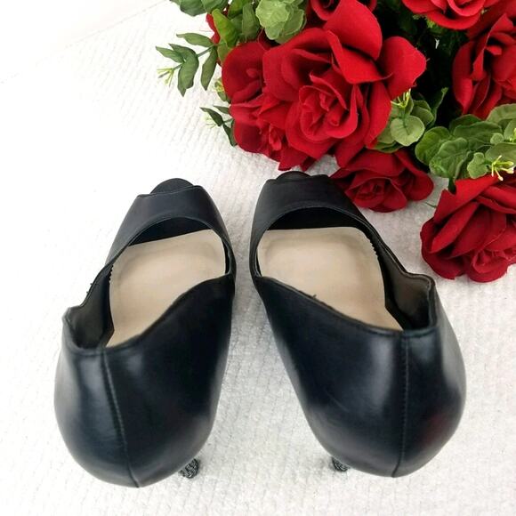 Aldo Platform Stiletto Pumps Size 8.5 Black Leather Rhinestones Peep Almond Toe - Picture 12 of 16